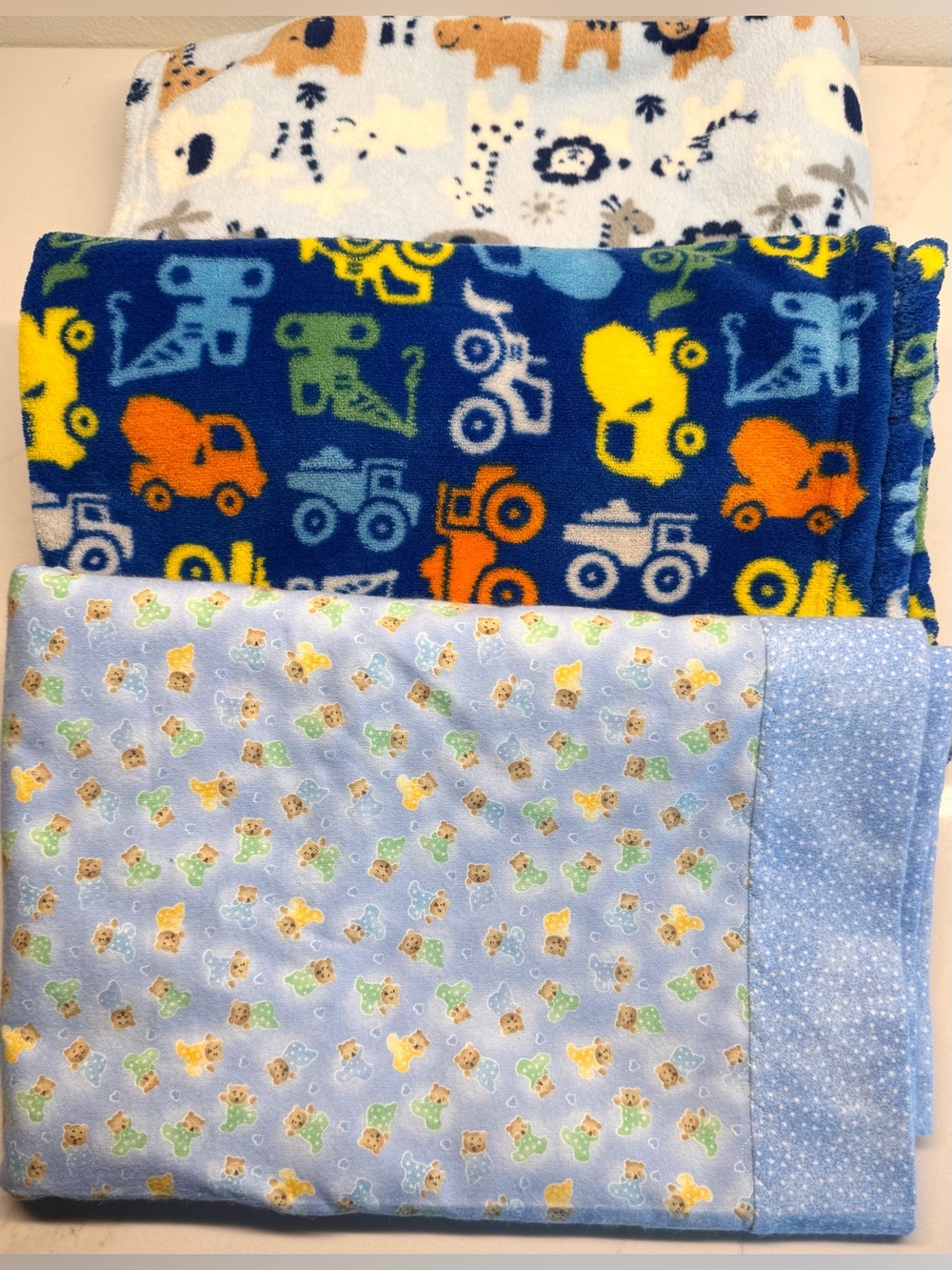 Baby Blanket Bundle of 3 Unused Fleece & Handmade Receiving Blanket Blue